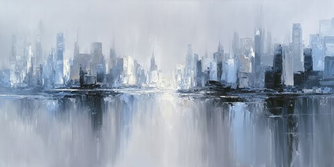 Obraz premium A muted cityscape, rendered in cool blues and grays. A hazy, reflective atmosphere, creating a dreamlike urban scene