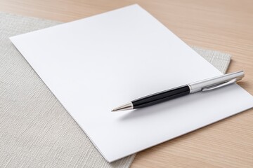 Blank sheet of paper with a sleek pen resting on a textured surface, ideal for notes, sketches, or creative writing projects