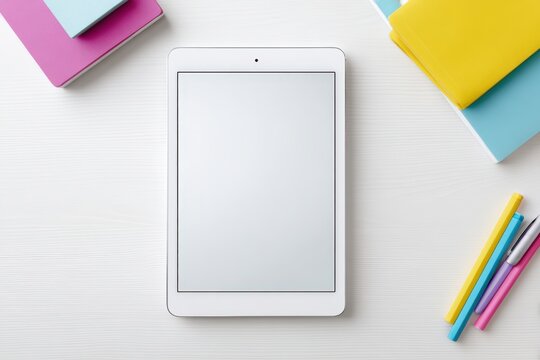 Blank tablet mock up on a clean workspace with colorful notebooks and pens, ideal for digital design projects and creative presentations - Powered by Adobe