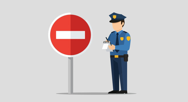 Officer Issues Ticket Next To No Entry Sign In A Flat Vector Graphic