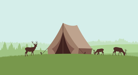 Peaceful Camping Scene with Deer Grazing Near a Tent in a Forest Glade