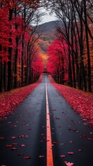Autumnal Road Through Crimson Canopy: A Scenic Drive