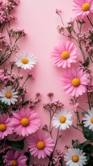 Pink and White Daisies Floral Arrangement on Pink Background