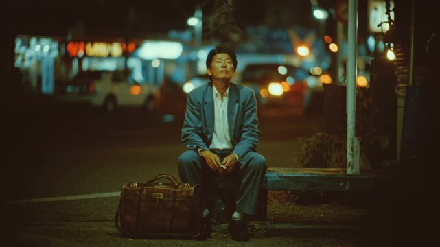 A solitary man sits at a bus stop lost in thought during a quiet night in the city capturing moments of introspection.