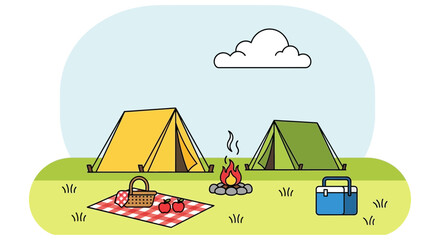 Naklejka premium Peaceful Camping Scene With Tents And Picnic Setup On Green Meadow