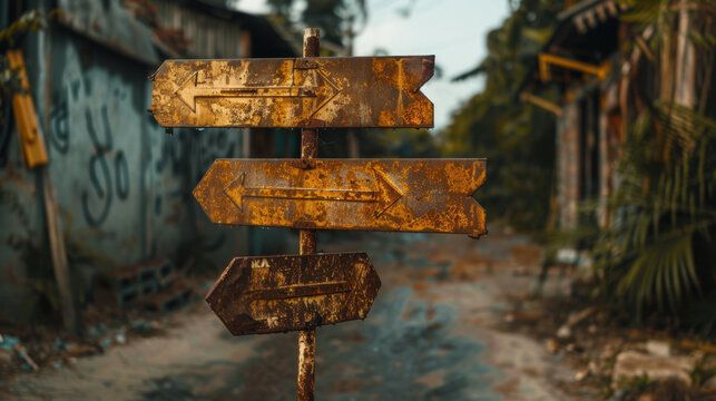 Rusty directional signpost with multiple arrows pointing in different directions, set against abandoned urban backdrop, evoking sense of mystery and exploration - Powered by Adobe