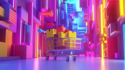 Neon City Shopping Spree: A vibrant digital illustration of a shopping cart filled with packages in a futuristic cityscape with bright neon lights.