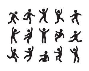 Collection of diverse stick figure silhouettes in various active poses isolated on white background silhouette