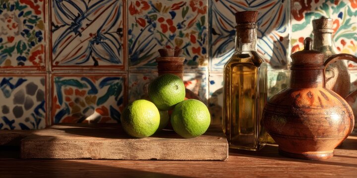 Still life of limes, bottles, and a pitcher on a wooden surface, against a vibrant tiled backdrop