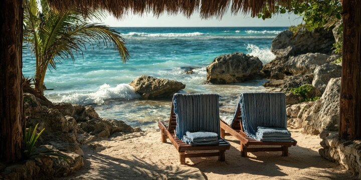 Tropical beach scene with lounge chairs - Powered by Adobe