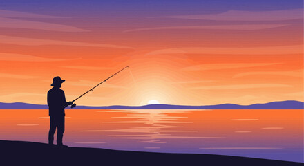 Peaceful Evening: Silhouette of Fisherman at Dusk on the Lake Landscape
