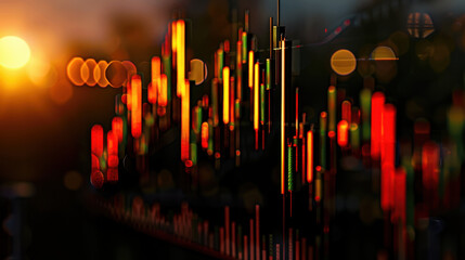 Dynamic stock market chart with vibrant candlestick patterns reflecting trading activity. warm sunset glow enhances visual appeal, creating engaging atmosphere for financial analysis