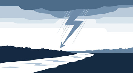 Fototapeta premium Overcast Weather In Landscape With Lightning And River Illustration