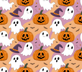 Fototapeta premium Cute Halloween Ghost and Pumpkin Seamless Pattern — Pastel Kawaii Spooky Background for Kids and Party Decor