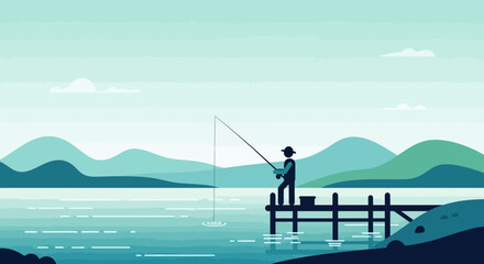 Naklejka premium Peaceful Fishing In The Lake On A Pier During A Calm Day Flat Vector Scene