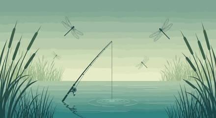 Fototapeta premium Peaceful Fishing Scene With Dragonflies At Sunrise On The Lake