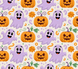 Cute Halloween Ghost and Pumpkin Seamless Pattern — Pastel Kawaii Spooky Background for Kids and Party Decor
