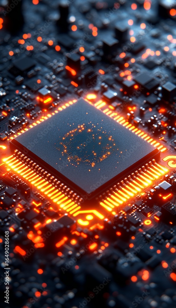 Poster advanced ai chip integrated into high-tech motherboard, symbolizing data processing and connectivity