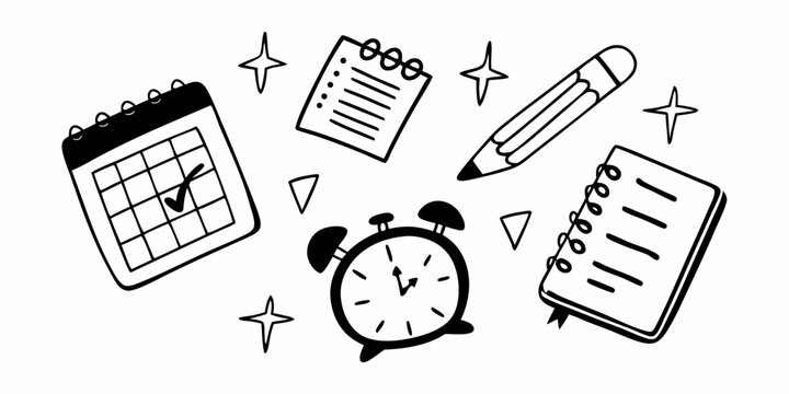 Illustration of a calendar, clock, notepad, pencil, and stars in a black and white doodle style design