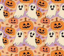 Obraz premium Cute Halloween Ghost and Pumpkin Seamless Pattern — Pastel Kawaii Spooky Background for Kids and Party Decor