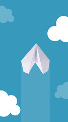 Digital collage. White paper plane soaring upward between soft clouds on bright blue sky...