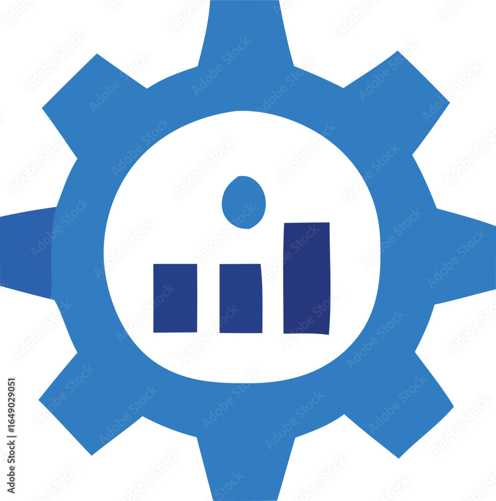 Poster abstract blue gear emblem featuring a white circle with a simple bar chart and a central dot symboli