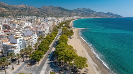 A vibrant coastal scene featuring a sandy beach, palm trees, and clear blue water, with mountains in the background and a charming town lining the shore.