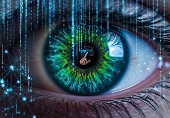 Human Eye with Binary Code and Digital Interface Overlay