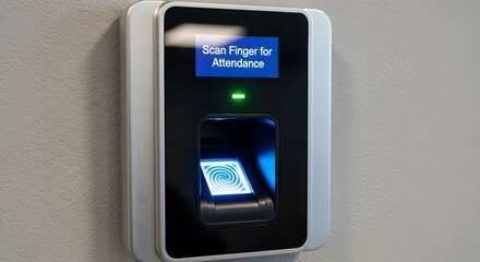 Close-up of a biometric fingerprint scanner mounted on a wall, ready for use.