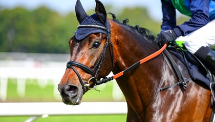 Obraz premium Close-up portrait of a majestic bay racehorse with a jockey, poised and focused before a competitive race.