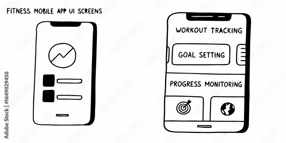Poster doodle style fitness mobile app ui screens showing workout tracking goal setting and progress monito