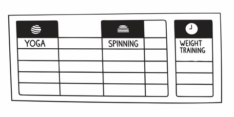 A weekly fitness schedule with yoga spinning and weight training tracked in a black and white planner style