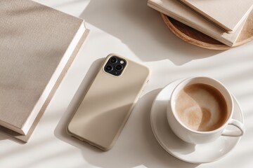 Beige Smartphone, Coffee Cup, and Books on a White Table