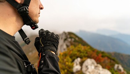 Focused adventurer in helmet and gloves looking out from a scenic autumn mountain peak