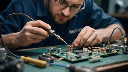 Engineer soldering components on a circuit board in a workshop setting