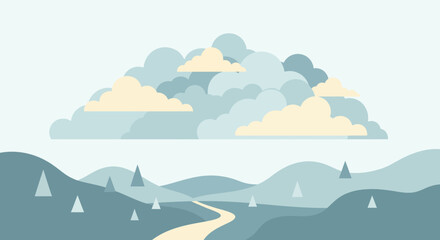 Peaceful Pastel Landscape Flat Vector Illustration, Minimalist Scenery with Hills, Trees, Clouds and Winding Road