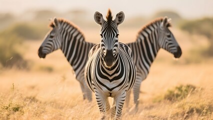 Obraz premium Three zebras standing in a grassy savanna, with one facing the camera directly.