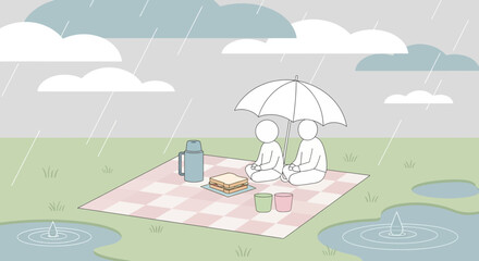 Obraz premium Peaceful Rainy Day Picnic Shared Under Umbrella With Sandwich And Refreshments