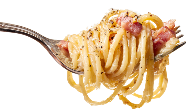 Perfectly twirled forkful of glistening spaghetti topped with crispy bacon and sprinkled with cheese, showcasing delicious Italian dish that evokes warmth and comfort