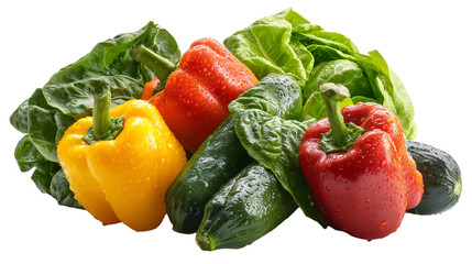 Fresh vegetables including yellow bell pepper, red bell pepper, green zucchini, and leafy greens create vibrant and healthy assortment. Perfect for salads or cooking, these vegetables are full