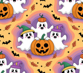 Fototapeta premium Cute Halloween Ghost and Pumpkin Seamless Pattern — Pastel Kawaii Spooky Background for Kids and Party Decor
