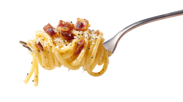 Delicious al dente spaghetti carbonara topped with crispy bacon and grated cheese, served on fork, showcasing mouthwatering Italian dish