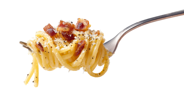 Delicious al dente spaghetti carbonara topped with crispy bacon and grated cheese, served on fork, showcasing mouthwatering Italian dish