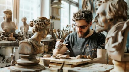 A person creating a sculpture at a wooden table, focus on the hands and materials - Powered by Adobe