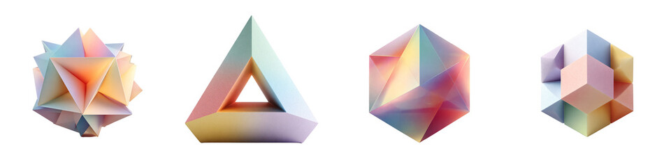 Collection of abstract geometric shapes featuring vibrant pastel colors and smooth gradients, showcasing variety of forms including star, pyramid, tetrahedron, and cube