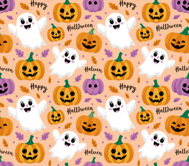 Cute Halloween Ghost and Pumpkin Seamless Pattern &mdash; Pastel Kawaii Spooky Background for Kids and Party Decor