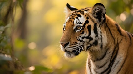 Fototapeta premium A majestic tiger in a natural forest setting, showcasing its striking features and vibrant stripes.