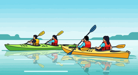 People Enjoying Kayaking Together on a Calm Lake During a Summer Day