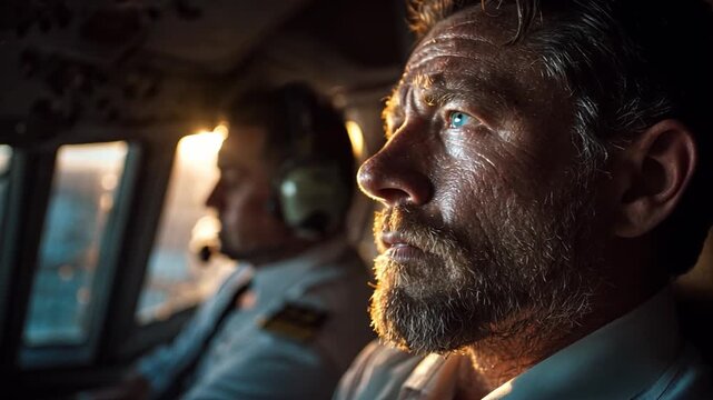 Focused airline pilot checking flight instruments, sunlight streaming through the cockpit window, co-pilot beside.