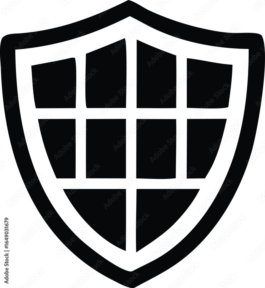 Poster stylized black and white shield emblem featuring a grid pattern inside evoking security and protecti